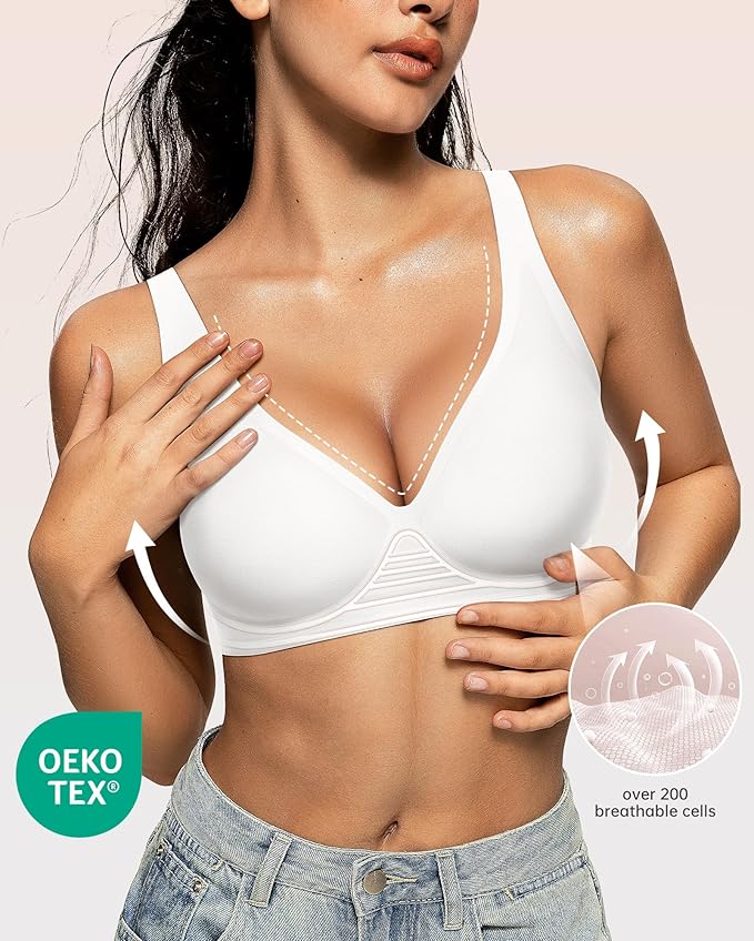OEAK Womens Deep V Bras Wireless Comfortable Bra Supportive No Underwire Bras Tshirt Push Up Bralettes Plunge Seamless Bra