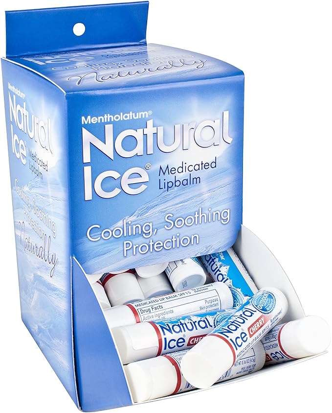 Mentholatum Natural Ice Cherry Flavor Medicated Lip Balm, Hydrating Lip Care for Dry, Chapped Lips, Moisturizing Formula with SPF 15 Helps Prevent Sunburn, Protection for Smooth, Soft Lips 48 Count