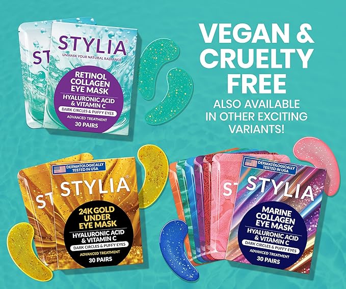 Stylia Under Eye Patches for Puffy Eyes and Dark Circles (30 Pairs) - Marine Collagen Under Eye Mask with Retinol, Vitamin C, Hyaluronic Acid, Pearl Extract - Eye Masks for Dark Circles and Puffiness