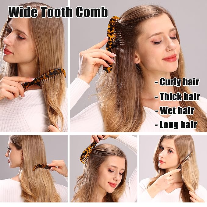 Fsmiling Wide Tooth Comb Large Detangling Comb Cellulose Detangler Comb for Women Thick Curly Wavy Wet Dry Hair 2 Pack,Tortoise shell
