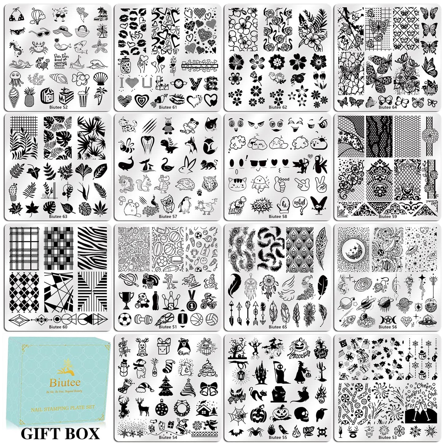 Biutee Nail Stamping Plates Set 15PCS Nail Art Stamper Scraper Nail Art Stamping Kit with Storage Bag Gift Box Nail Stamp Template Kit Lace Flower Butterfly Star Christmas Halloween Holiday Design