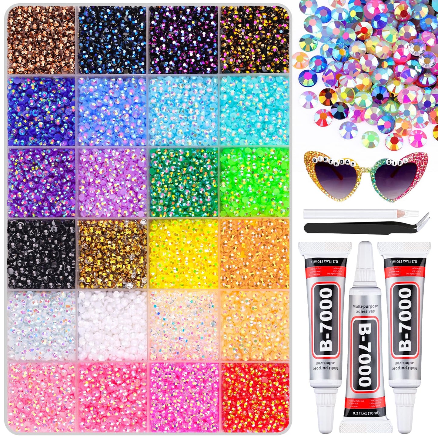 30000Pcs Resin Rhinestones with B7000 Jewelry Glue for Crafting, Multicolors 3mm Non Hotfix Flatback Gems, Bedazzling Crystal for DIY Crafts Clothing Tumblers Mugs Shoes Fabric Decor Nail Art