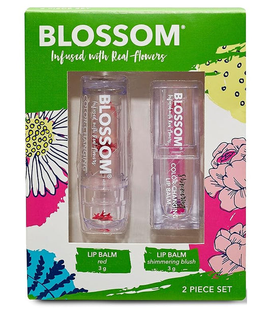 Blossom Moisturizing Custom Color Changing 2 pack, Strawberry Scented Crystal Lip Balm (Red), Shimmer Sparkle Lip Stain Tint (Blush), Infused with Real Flowers, 6g, Red/Blush