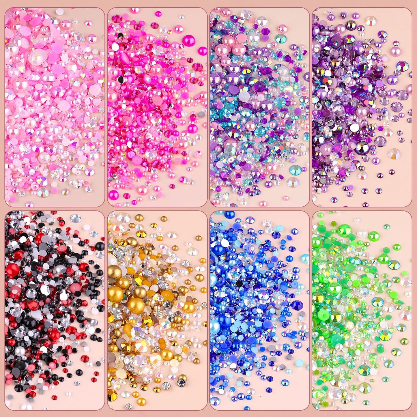 9000PCS Flatback Pearls and Rhinestones for Crafting, Purple Mixed Size 3-10mm Resin Rhinestones and Half Pearls for Bedazzling, Nail Art and Decoration with Tweezer and Pickup Pencil