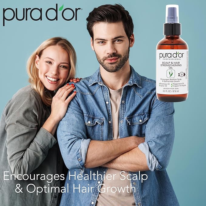 PURA D'OR Scalp & Hair Strengthening Oil (3.3oz x3 = 9.9oz) Supports Optimal Growth, Reduce Breakage, Nourish Roots for Healthier, Fuller, Thicker Hair - Rosemary, Castor & Peppermint Oil