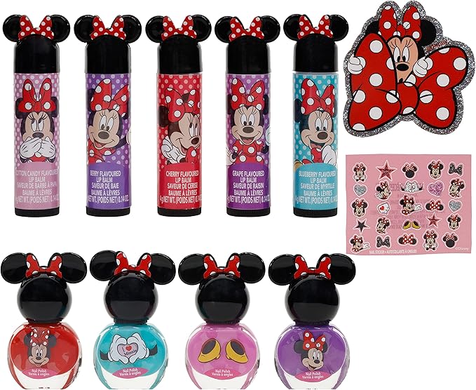 Townley Girl Disney Minnie Mouse Sparkly Cosmetic Makeup Set for Girls with Lip Balm Nail Polish Nail Stickers-35 Pcs|Perfect for Parties Sleepovers Makeovers|Birthday Gift for Girls above 3 Yrs, Kid
