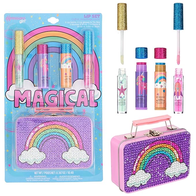 Expressions 5pc Rainbow Rhinestones Cosmetics Lip Kit For Kids w/Lip Glosses, Lip Balms & Tin Box Storage Case Magical Lip Set,Washable + Non Toxic