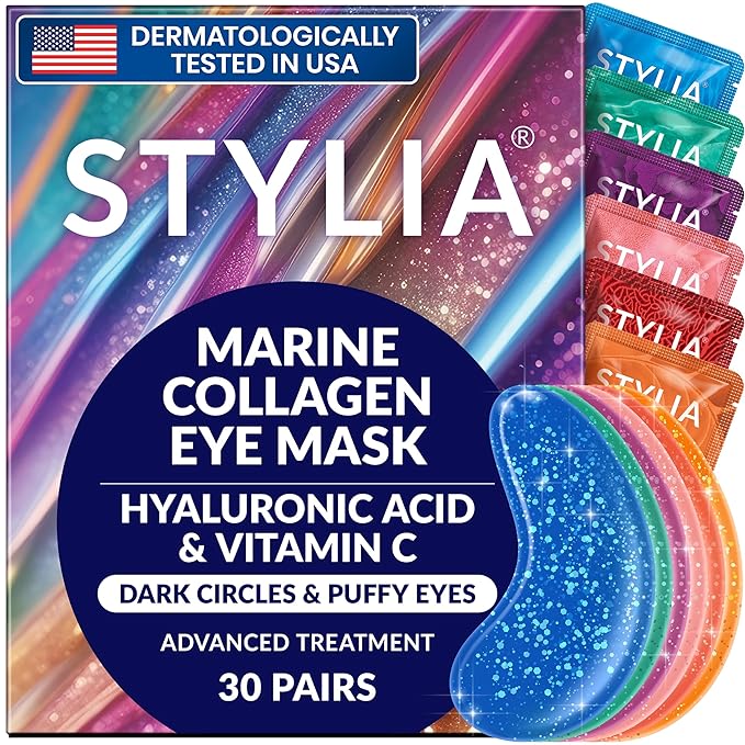 Stylia Under Eye Patches for Puffy Eyes and Dark Circles (30 Pairs) - Marine Collagen Under Eye Mask with Vitamin C, Hyaluronic Acid, Pearl Extract - Eye Masks for Dark Circles and Puffiness