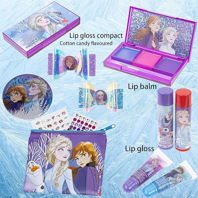Disney Frozen - Townley Girl Super Sparkly Cosmetic Beauty Makeup Set For Girls with Clips, Lip Gloss, Nail Stickers, Lip Balm, Nail Gems and Mirror For Parties, Sleepovers & Makeovers