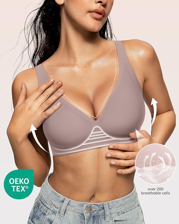 OEAK Womens Deep V Bras Wireless Comfortable Bra Supportive No Underwire Bras Tshirt Push Up Bralettes Plunge Seamless Bra