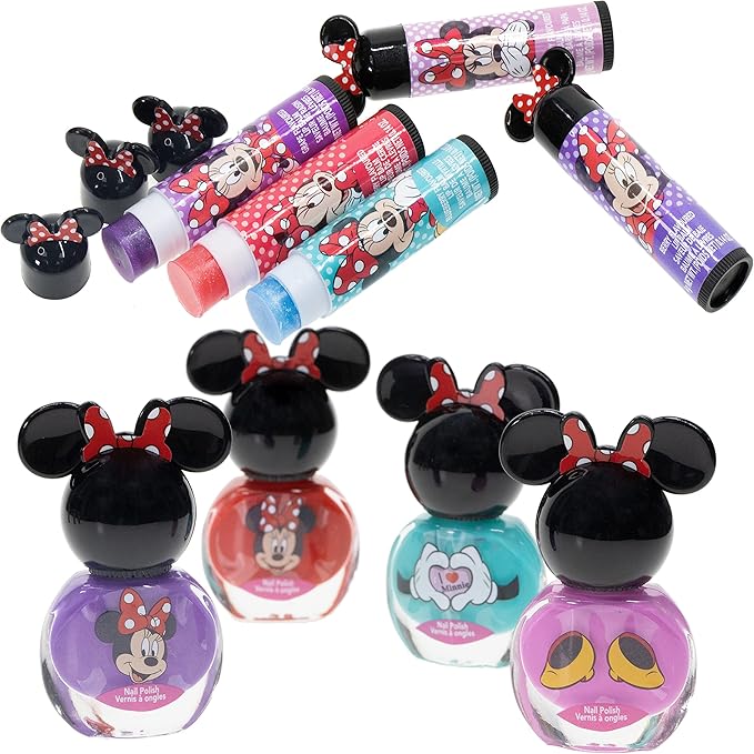 Townley Girl Disney Minnie Mouse Sparkly Cosmetic Makeup Set for Girls with Lip Balm Nail Polish Nail Stickers-35 Pcs|Perfect for Parties Sleepovers Makeovers|Birthday Gift for Girls above 3 Yrs, Kid