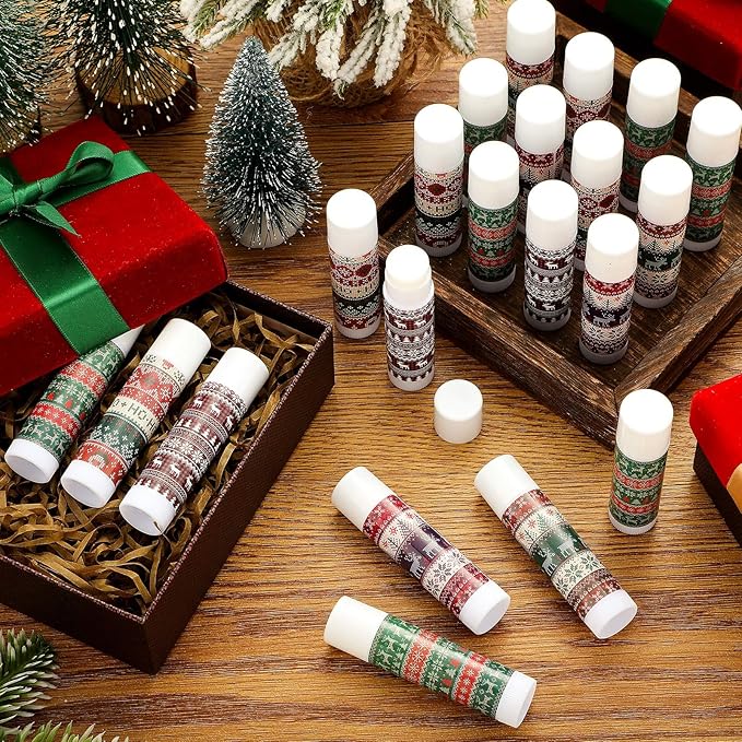 Dunzy 50 Pcs Lip Balm in Bulk Christmas Gift Set Moisturizing Lip Ugly Sweater Baby Shower Party Favor Supplies with Assorted Fruit Flavors for Women Men Dry Chapped Lips Holiday Gift Prize