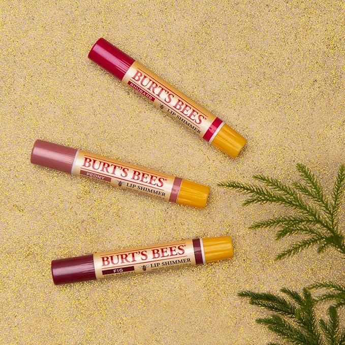 Burt's Bees Kissable Color Holiday Gift Set, 3 Lip Shimmers in Gift Box, Warm Collection in Peony, Fig & Rhubarb
