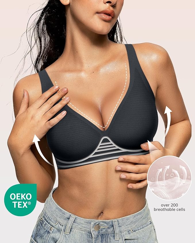 OEAK Womens Deep V Bras Wireless Comfortable Bra Supportive No Underwire Bras Tshirt Push Up Bralettes Plunge Seamless Bra