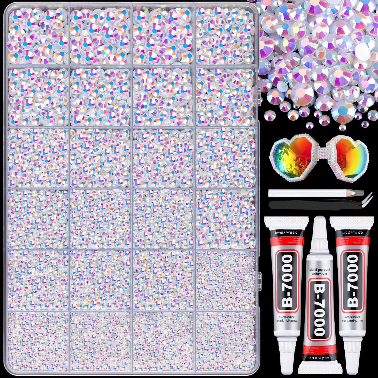 25000Pcs Resin Rhinestones with B7000 Jewelry Glue for Crafting, White AB 2-6mm Non Hotfix Flatback Gems, Bedazzling Crystal for DIY Crafts Clothing Tumblers Mugs Shoes Fabric Decor Nail Art