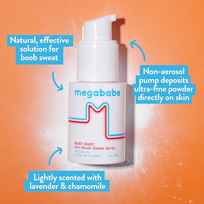 Megababe Sweat Absorbing Body Powder - Bust Dust, with Applicator Pump, Talc-Free, All Natural, 3 oz