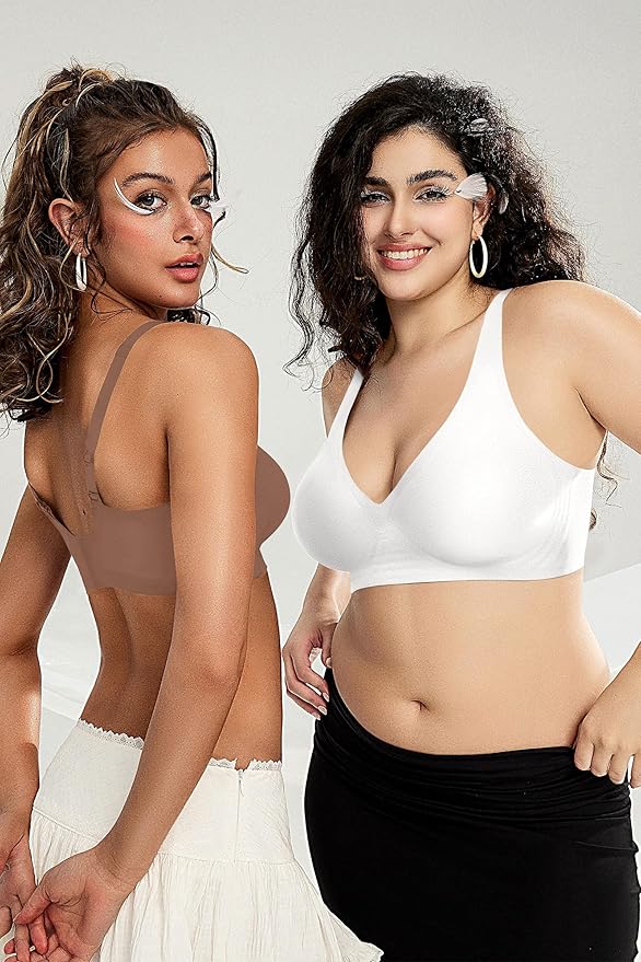 OEAK Womens Deep V Bras Wireless Comfortable Bra Supportive No Underwire Bras Tshirt Push Up Bralettes Plunge Seamless Bra