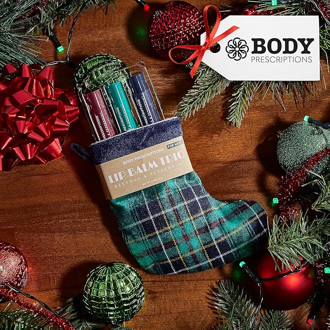 Body Prescriptions Lip Balm Trio for Men - Beeswax and Peppermint | Christmas Stocking Present Set | Nourishing and Moisturizing Formula | Protect and Hydrate Dry Lips | Great Holiday Present for Him